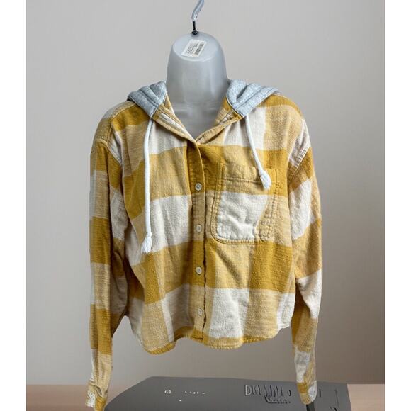 American Eagle Flannel Shirt Yellow Ivory Hooded Button Up Long Sleeve Size M - Picture 1 of 7